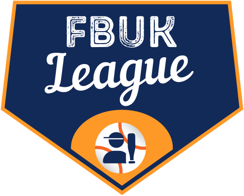 FBUK League logo - outline of baseball player and bat on home plate